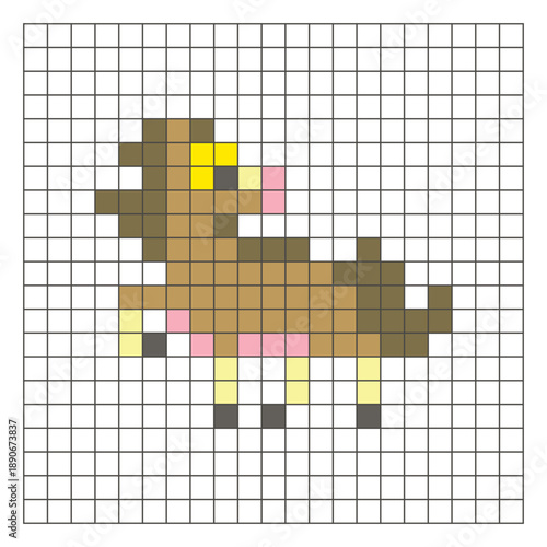 A flat pixel design made of geometric square color blocks on a clean grid layout. Pixel art horse