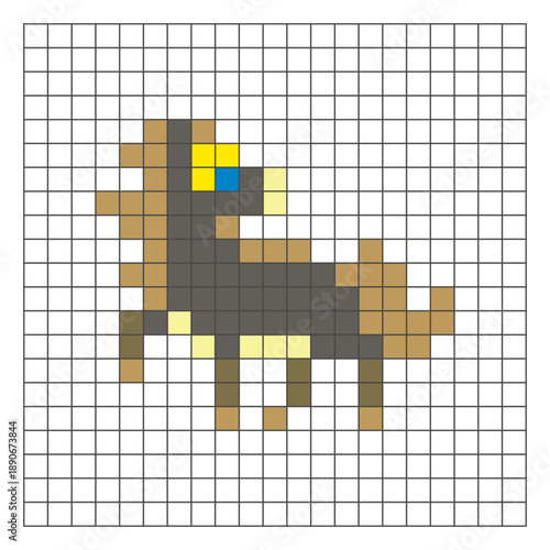 A flat pixel design made of geometric square color blocks on a clean grid layout. Pixel art horse