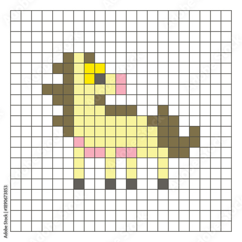 A flat pixel design made of geometric square color blocks on a clean grid layout. Pixel art horse