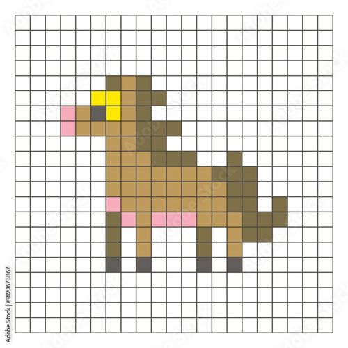A flat pixel design made of geometric square color blocks on a clean grid layout. Pixel art horse