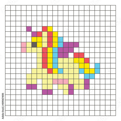 A flat pixel design made of geometric square color blocks on a clean grid layout. Pixel art fantasy pony