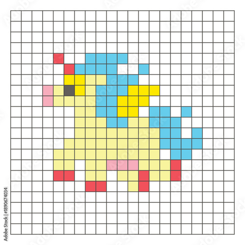 A flat pixel design made of geometric square color blocks on a clean grid layout. Pixel art fantasy pony