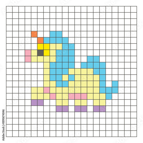 A flat pixel design made of geometric square color blocks on a clean grid layout. Pixel art fantasy pony