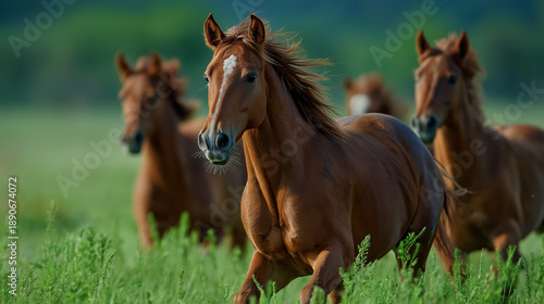 Galloping Horses: A herd of spirited horses, with flowing manes and powerful strides, gallops freely across a lush, verdant meadow, embodying the untamed beauty and energy of the wild.