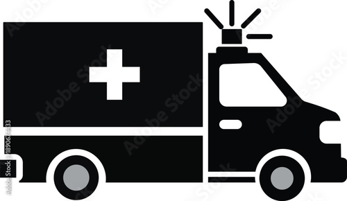 Black ambulance icon with white cross and flashing light