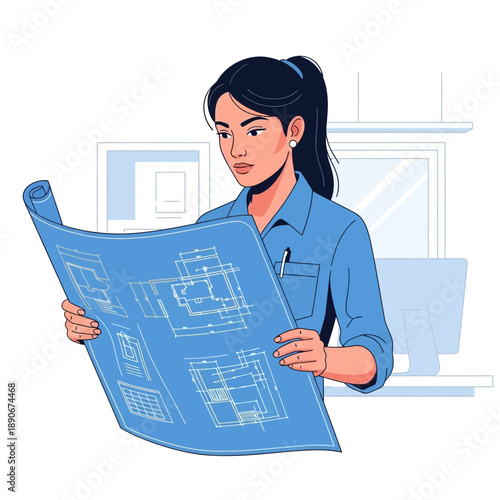 Architect reviewing blueprint, planning building project