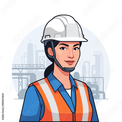 Female Engineer in Hard Hat and Vest with Industrial Background
