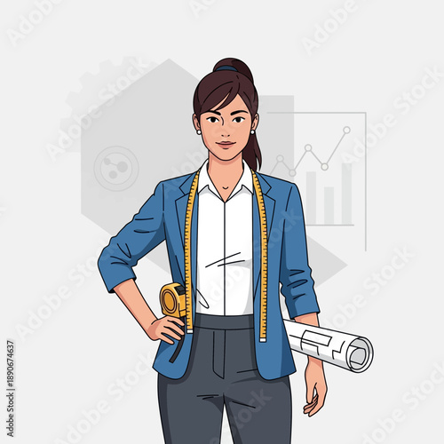 Female engineer with blueprints and measuring tape, symbolizing planning and design