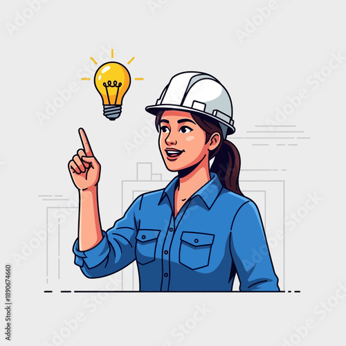 Female engineer with hard hat gets brilliant idea, lightbulb icon above