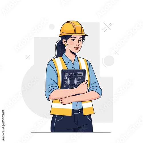 Female engineer with tablet, safety vest, and hard hat