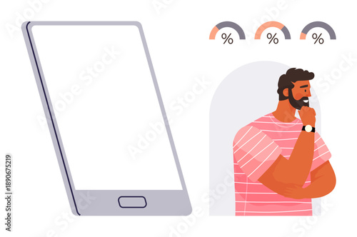 Technology usage, decision-making, data analysis, mobile apps, user interface, business strategy. A thoughtful man with a smartphone and percentage icons. Technology usage and decision-making concept