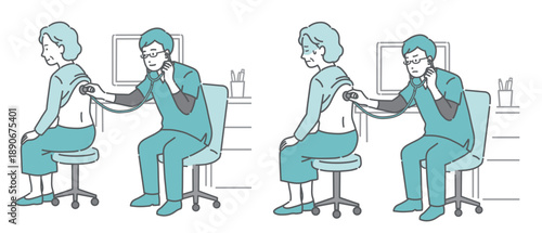 スクラブを着用した男性医師による高齢女性の背中の聴診イラストセット（正常・異常/体調不良）