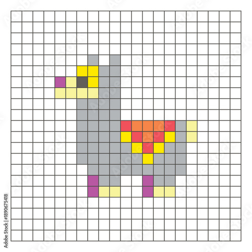 A flat pixel design made of geometric square color blocks on a clean grid layout. Pixel art llama