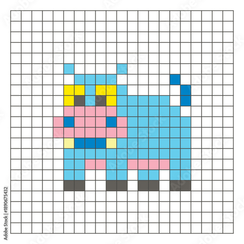 A flat pixel design made of geometric square color blocks on a clean grid layout. Pixel art hippopotamus
