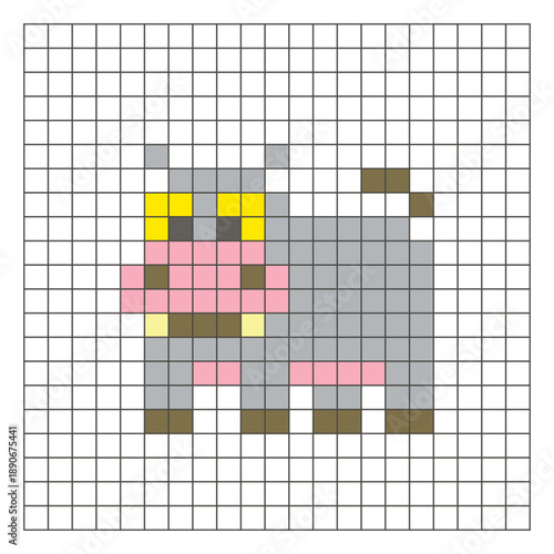 A flat pixel design made of geometric square color blocks on a clean grid layout. Pixel art hippopotamus