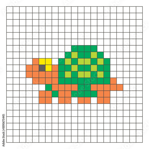A flat pixel design made of geometric square color blocks on a clean grid layout. Pixel art tortoise