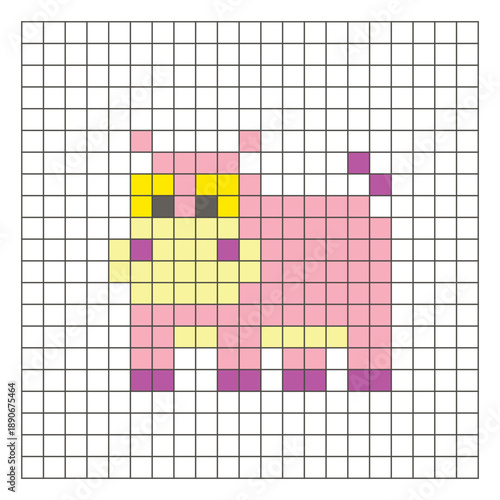 A flat pixel design made of geometric square color blocks on a clean grid layout. Pixel art hippopotamus