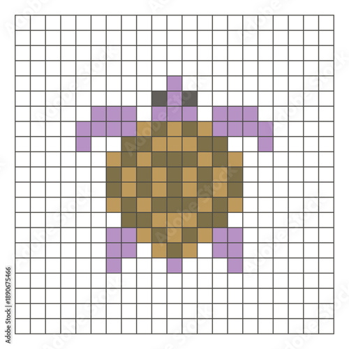 A flat pixel design made of geometric square color blocks on a clean grid layout. Pixel art turtle