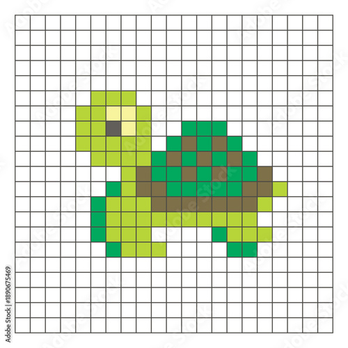 A flat pixel design made of geometric square color blocks on a clean grid layout. Pixel art turtle