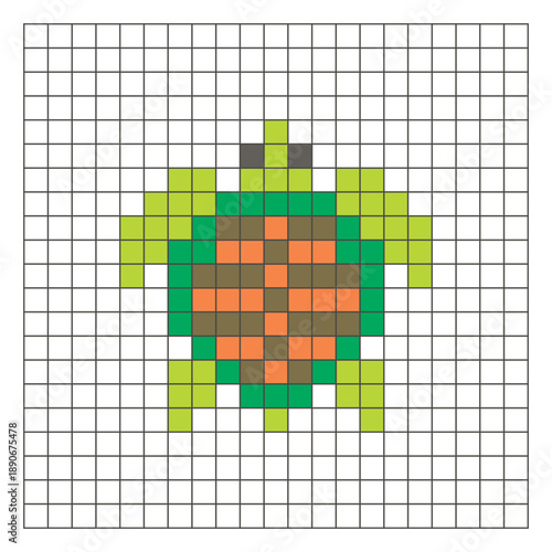 A flat pixel design made of geometric square color blocks on a clean grid layout. Pixel art turtle