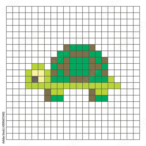 A flat pixel design made of geometric square color blocks on a clean grid layout. Pixel art tortoise