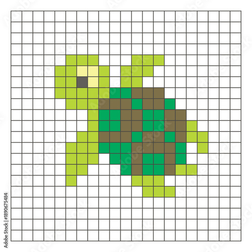 A flat pixel design made of geometric square color blocks on a clean grid layout. Pixel art turtle