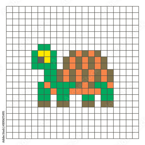 A flat pixel design made of geometric square color blocks on a clean grid layout. Pixel art tortoise