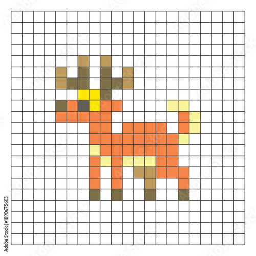 A flat pixel design made of geometric square color blocks on a clean grid layout. Pixel art deer