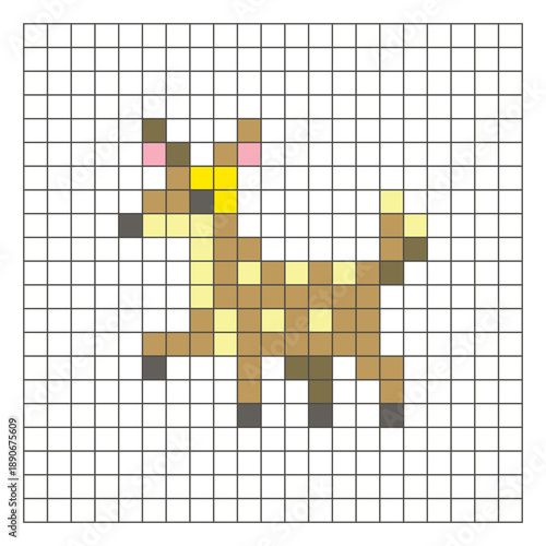 A flat pixel design made of geometric square color blocks on a clean grid layout. Pixel art mouse deer