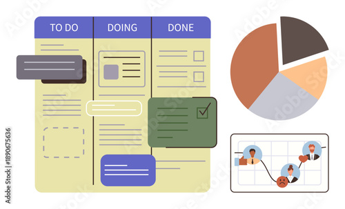 Workflow management, productivity tracking, team collaboration, task completion, project planning, business analysis. Kanban board with tasks, a pie chart and team connection diagram. Workflow