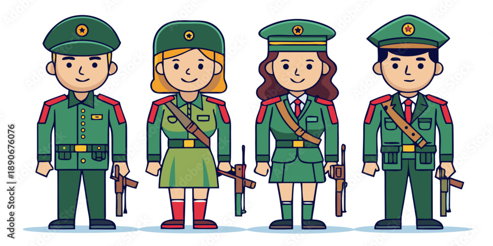 Naklejka premium Vector flat illustration set of line art female and male military soldiers in uniform poses