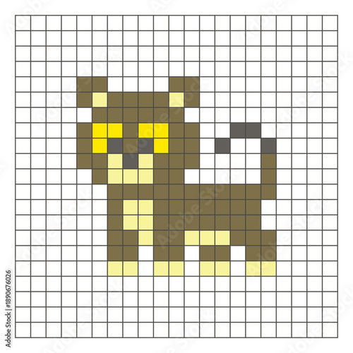 A flat pixel design made of geometric square color blocks on a clean grid layout. Pixel art lion
