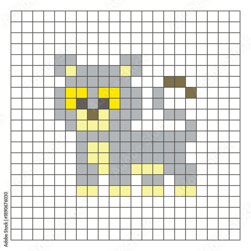 A flat pixel design made of geometric square color blocks on a clean grid layout. Pixel art lion