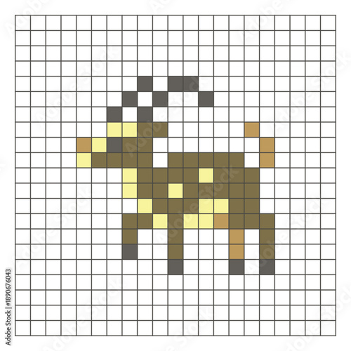 A flat pixel design made of geometric square color blocks on a clean grid layout. Pixel art antelope