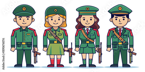 Vector flat illustration set of line art female and male military soldiers in uniform poses