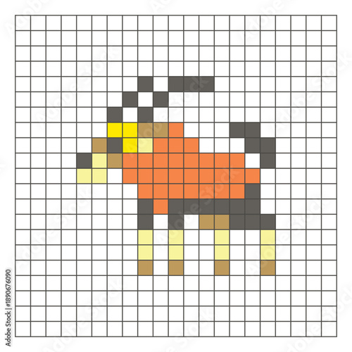 A flat pixel design made of geometric square color blocks on a clean grid layout. Pixel art oryx