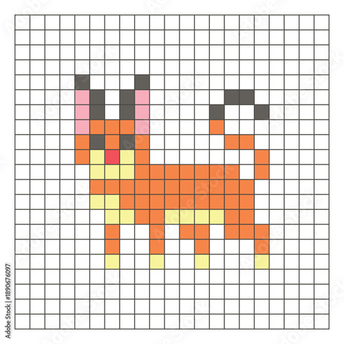 A flat pixel design made of geometric square color blocks on a clean grid layout. Pixel art caracal