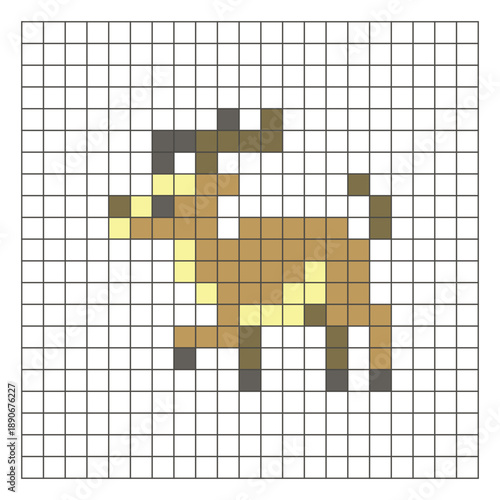 A flat pixel design made of geometric square color blocks on a clean grid layout. Pixel art antelope