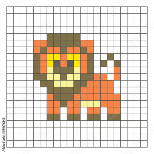 A flat pixel design made of geometric square color blocks on a clean grid layout. Pixel art lion