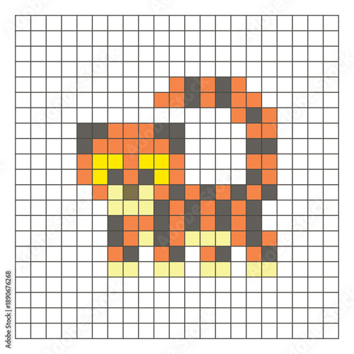 A flat pixel design made of geometric square color blocks on a clean grid layout. Pixel art snow leopard