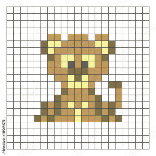 A flat pixel design made of geometric square color blocks on a clean grid layout. Pixel art lion