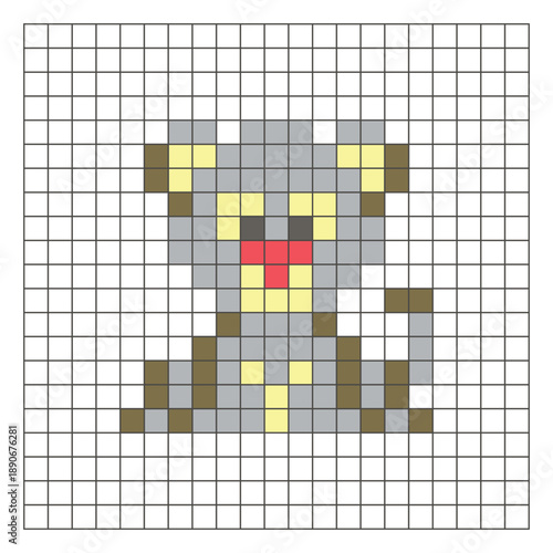 A flat pixel design made of geometric square color blocks on a clean grid layout. Pixel art lion