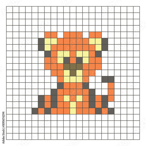 A flat pixel design made of geometric square color blocks on a clean grid layout. Pixel art lion