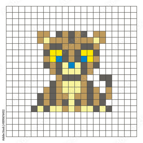 A flat pixel design made of geometric square color blocks on a clean grid layout. Pixel art cheetah