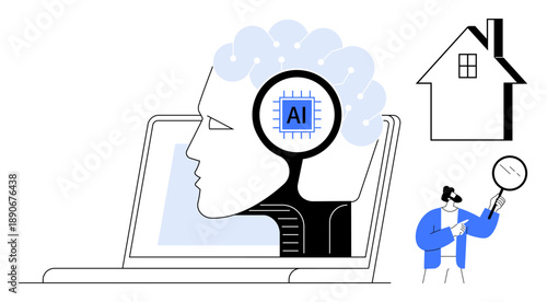 Artificial intelligence, technology innovation, machine learning, smart home, education, data analysis. A digital brain in a laptop, a person with a magnifying glass and a house icon. Artificial