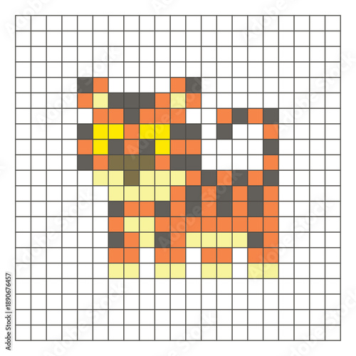 A flat pixel design made of geometric square color blocks on a clean grid layout. Pixel art tiger