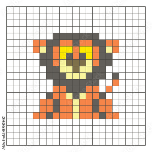 A flat pixel design made of geometric square color blocks on a clean grid layout. Pixel art lion