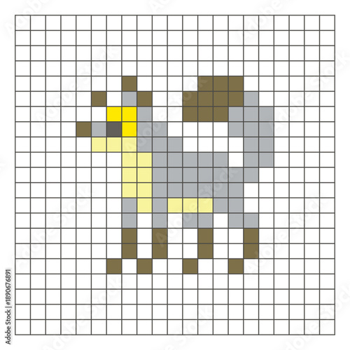 A flat pixel design made of geometric square color blocks on a clean grid layout. Pixel art fox