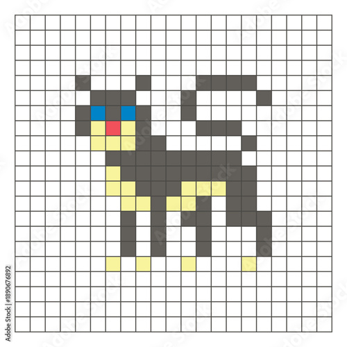 A flat pixel design made of geometric square color blocks on a clean grid layout. Pixel art black panther
