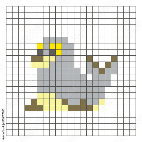 A flat pixel design made of geometric square color blocks on a clean grid layout. Pixel art seal